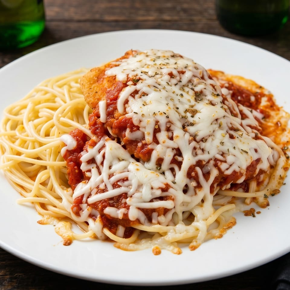 Chicken parmesan with melted mozzarella cheese and marinara sauce over spaghetti on a white plate.