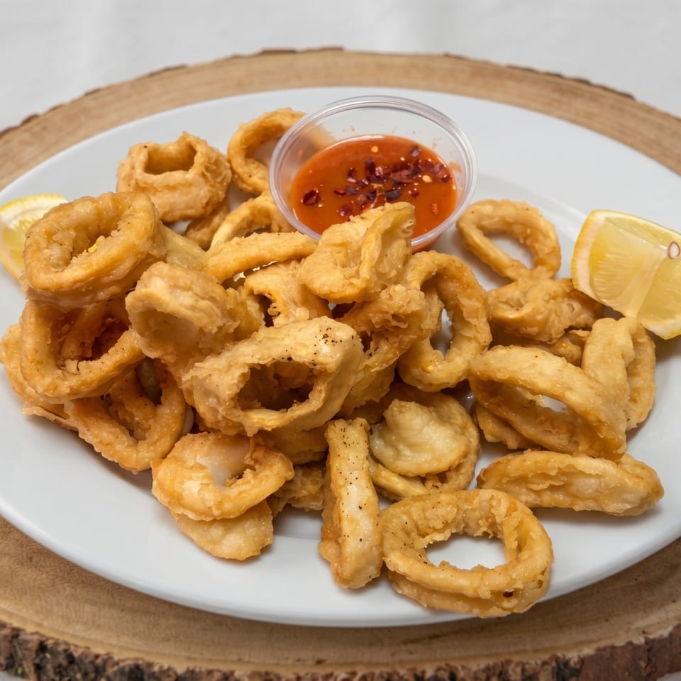 Golden fried calamari rings with a side of spicy red dipping sauce and lemon wedges.