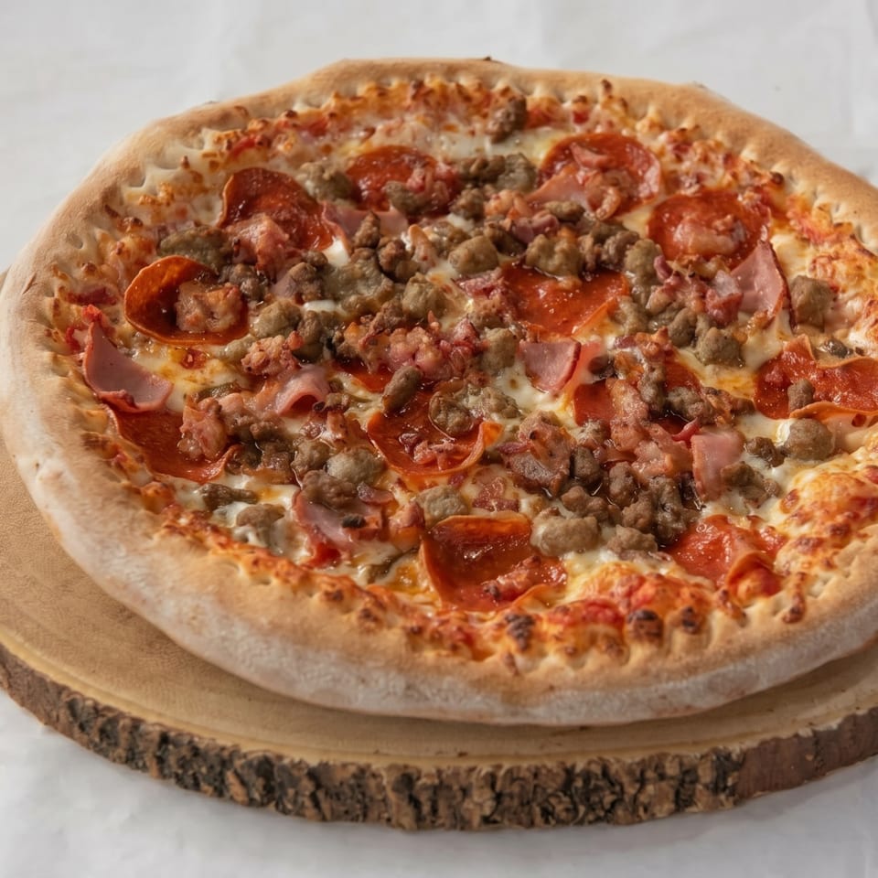 A whole meat lover's pizza with pepperoni, sausage, and ham on a wooden board.