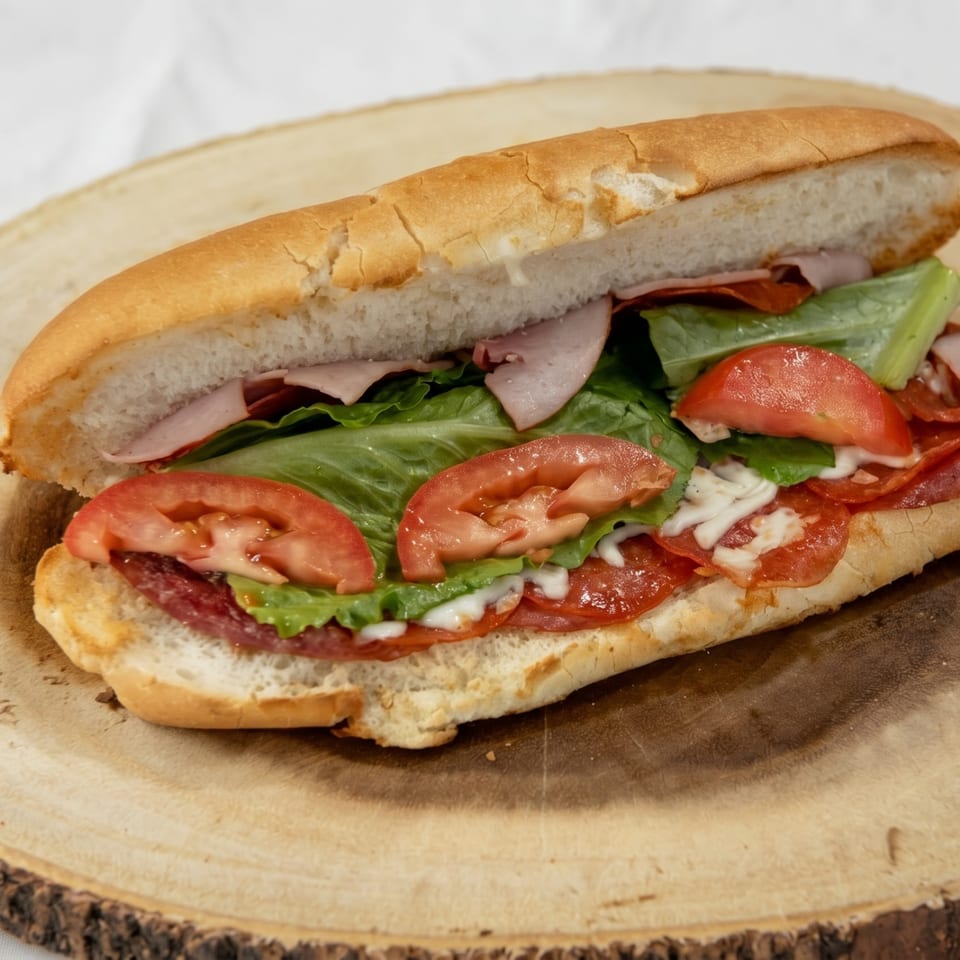 A large submarine sandwich filled with pepperoni, ham, lettuce, tomatoes, and mayonnaise on a wooden board.