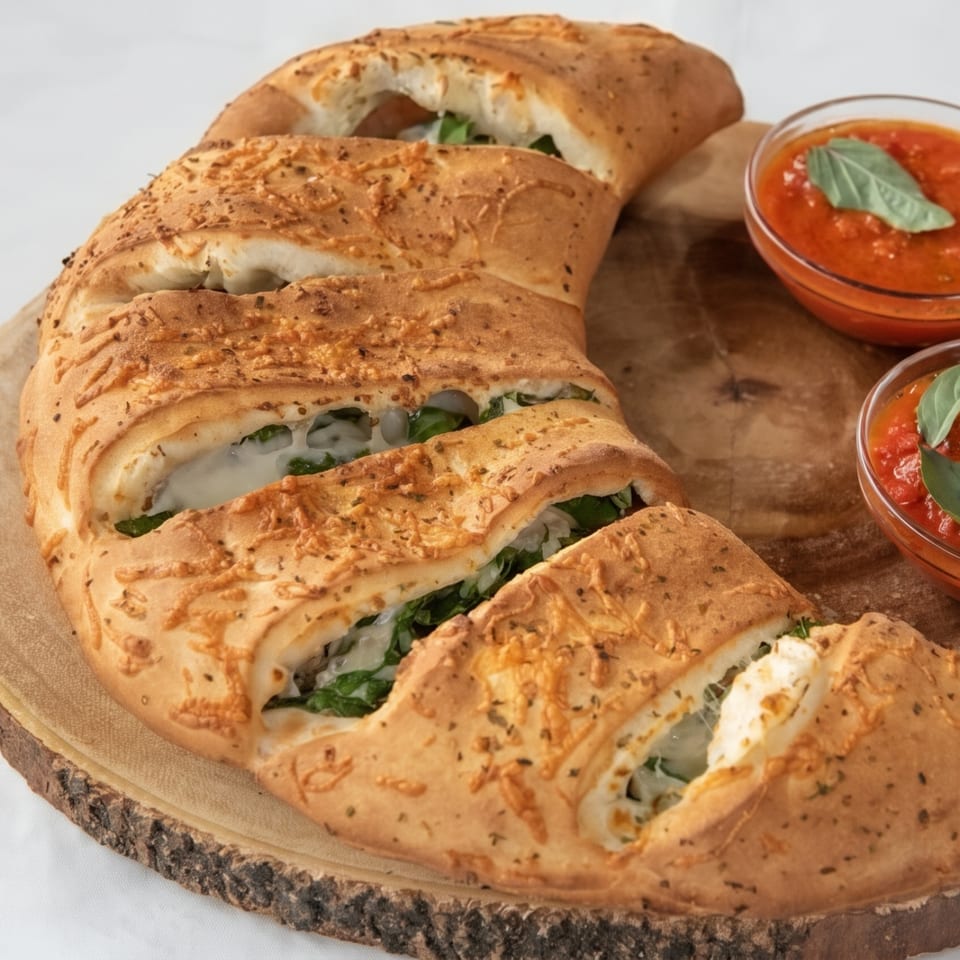A golden-brown calzone, sliced open to reveal melted cheese and spinach, served with marinara sauce.