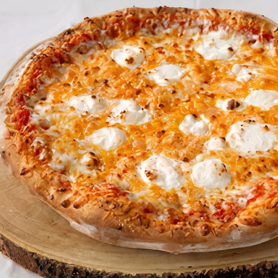 A freshly baked pizza with melted cheese and dollops of ricotta on a wooden board.